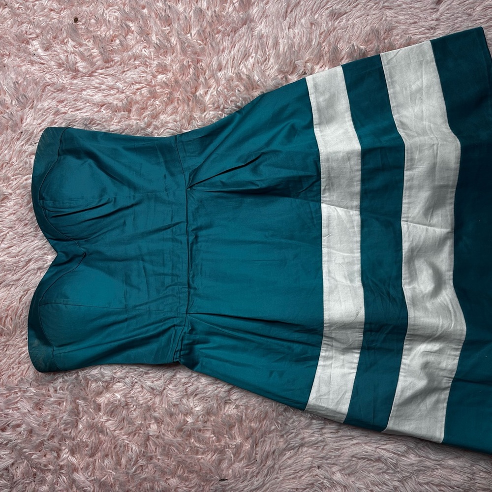 Teal Strapless Dress with White Stripes